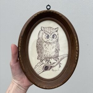 Retro Hand Drawn Owl Wooden Oval Framed Wall Decor Signed Plaque